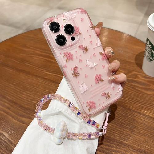 Lovely Floral Pattern Pink Color TPU Phone Case With Anti-fall Full Protection And Lanyard For iPhone